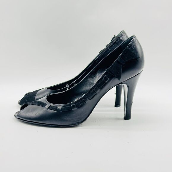 Marc Jacobs Shoes Womens 7.5 Black Velvet Patent Leather Heels Bow Peep Toe Pump - Picture 5 of 13